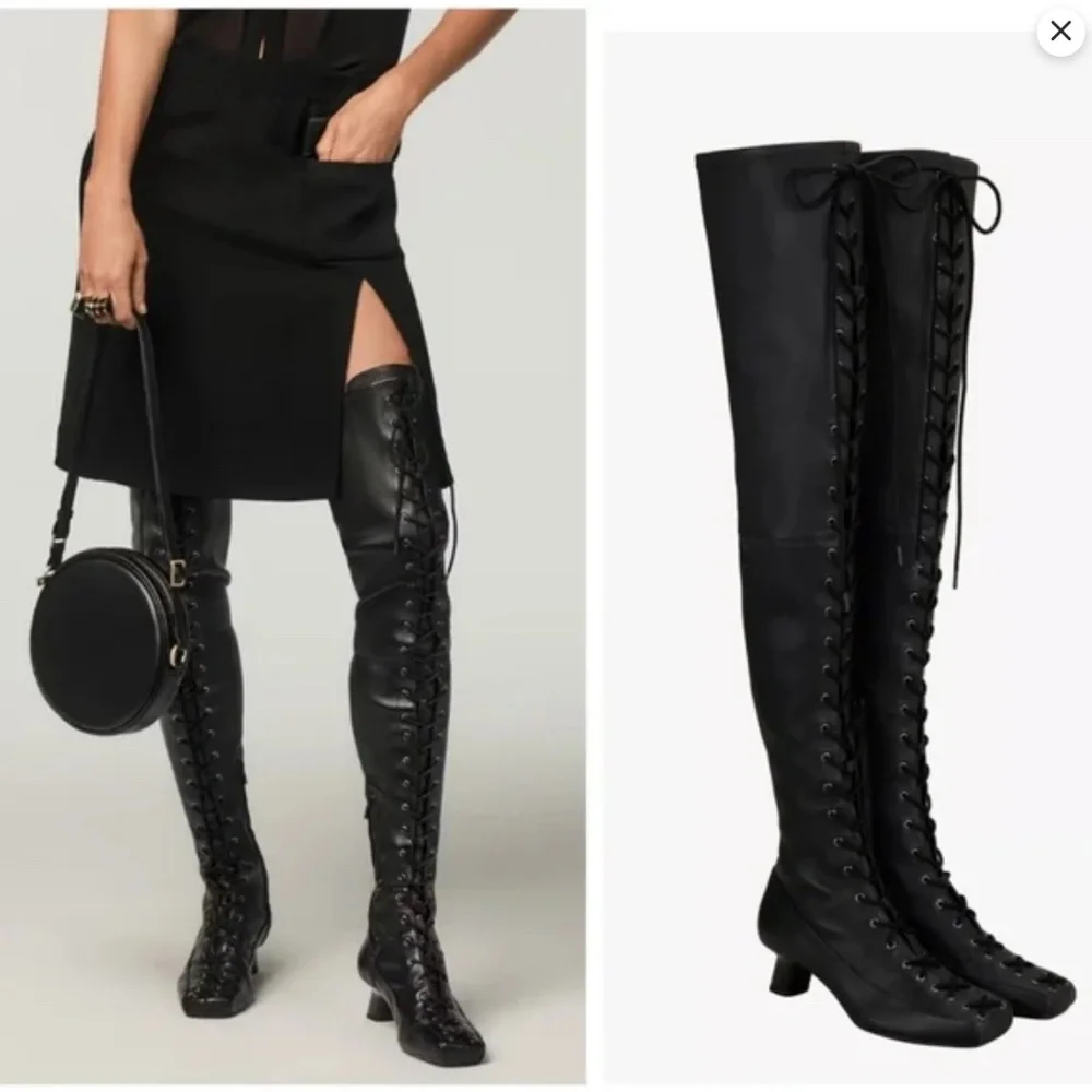 NEW RARE Zara x Stefano Pilati Leather Lace-up Thigh high Boots Over the knee